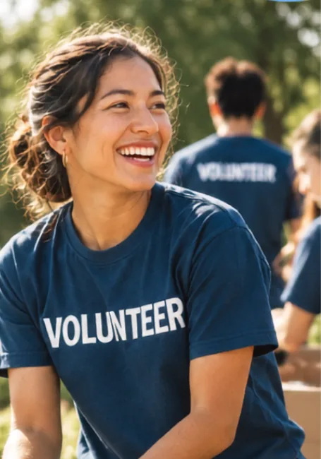 A smiling volunteer in a navy VOLUNTEER shirt and work gloves at an outdoor volunteer day